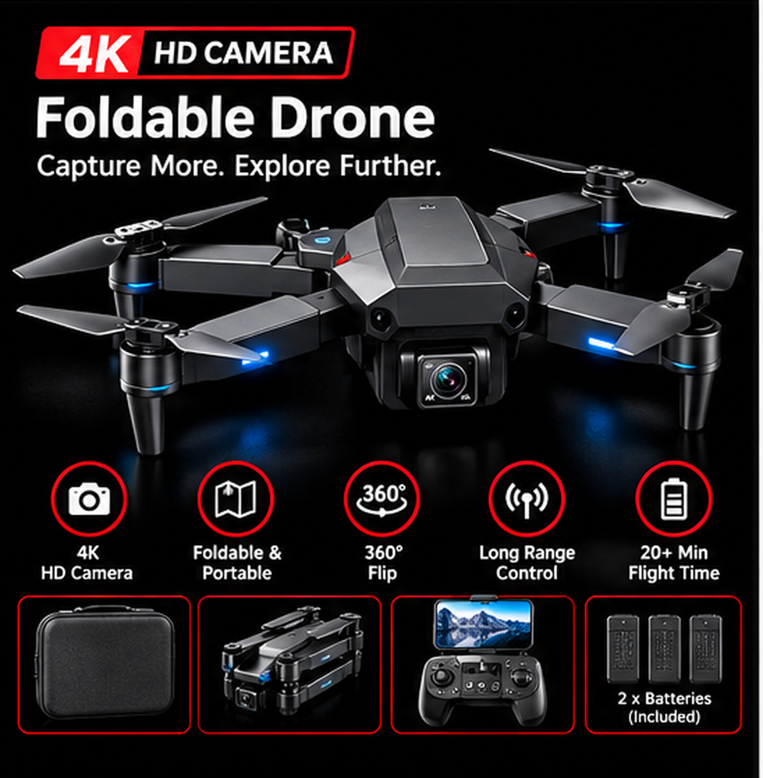 E88 Pro Foldable Quadcopter Drone - WIFI FPV, HD 4K Camera, Altitude Hold